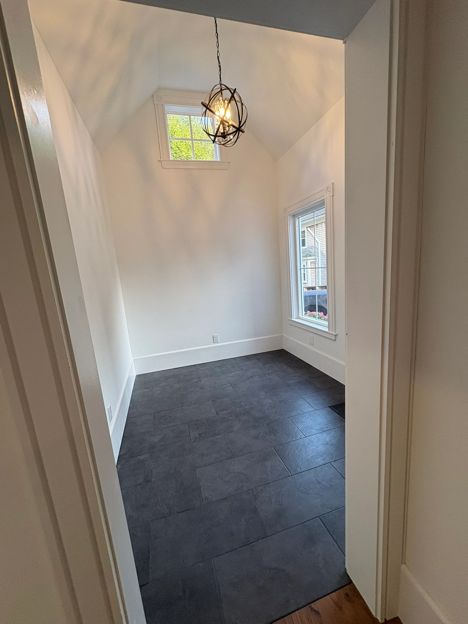 The completed entry with slate floor and front door